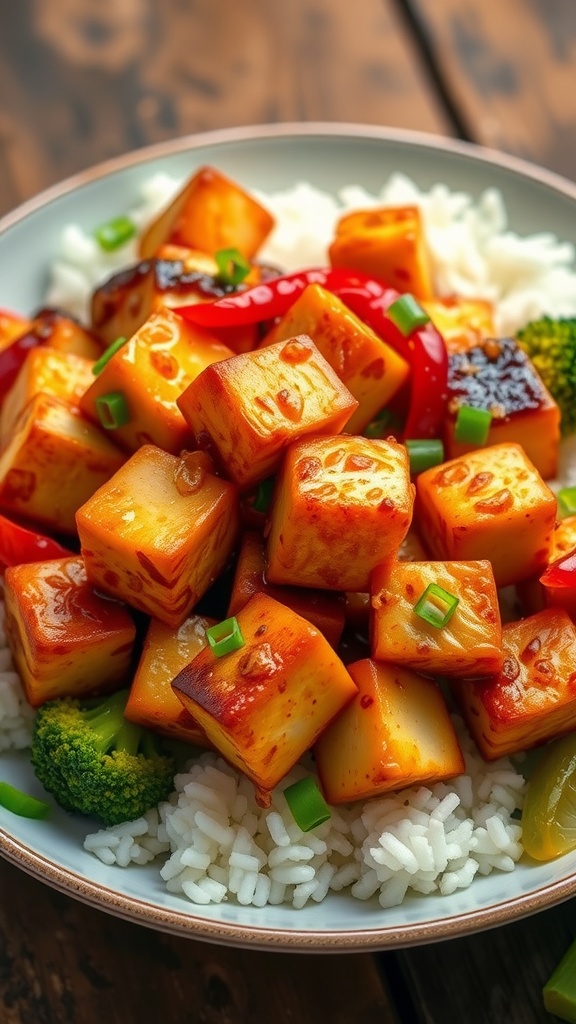 A delicious garlic tofu stir-fry with crispy tofu and green onions on a bed of rice.
